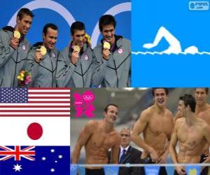 пазл Плавание, мужчины 4 × 100 метров комбинированная эстафета, Соединенные Штаты, Япония и Австралия - Лондон 2012 - подиум